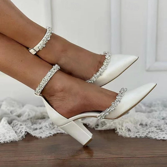 Women's White – Wedding Pointed Block Heel Toe with Shoes