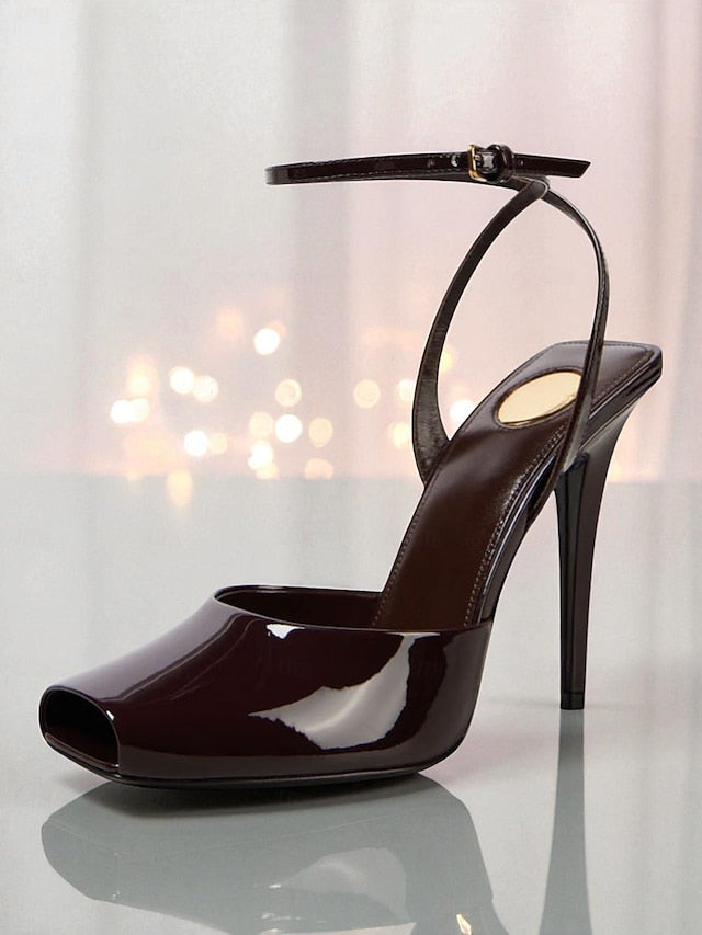 Heels Green - Dark Peep Patent High Toe Leather Women's