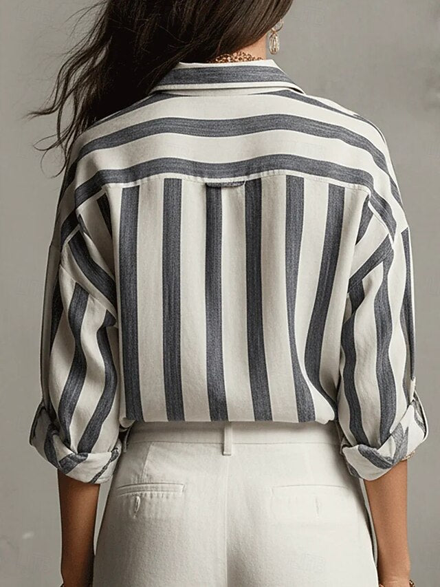 Women's Blouse Faux Linen Shirt Buttons Print Striped