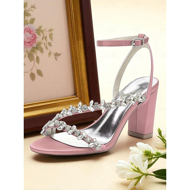 Heel Block White with Women's - Sandals Rhinestone Straps