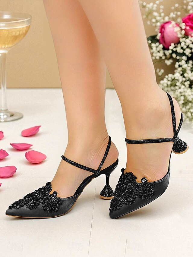 Women's Gold Toe Pointed Embellished Satin Rhinestone
