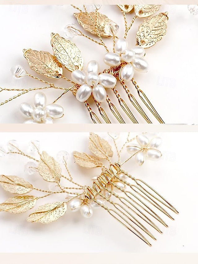 Silver Faux Accessory Bridal Leaf with Hair Gold Pearls and Set