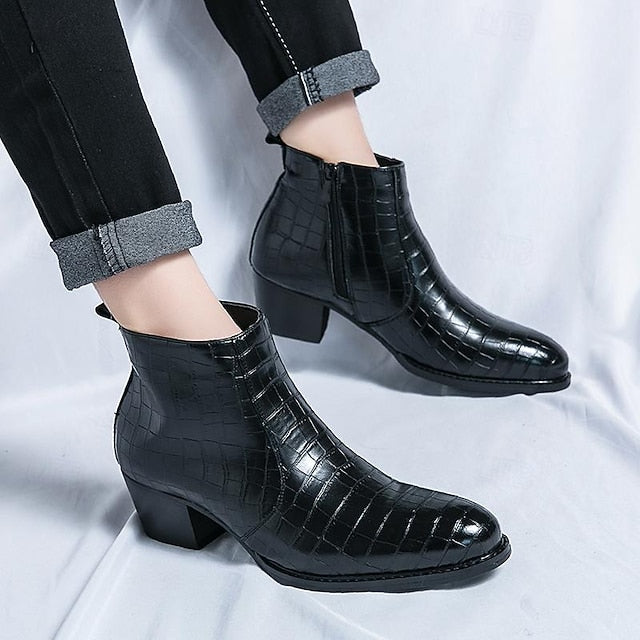 Boots Pattern Brown Men's - Ankle Faux Leather Crocodile