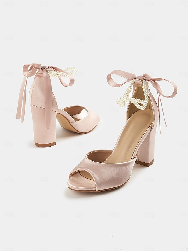 Heel Ankle Block with Women's Peep-Toe Pearl Satin Sandals