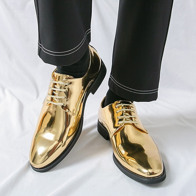 Lace-Up – Men Leather Patent Shiny for Sleek Gold Shoes