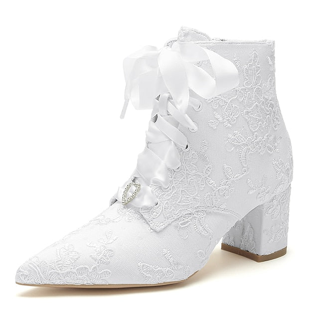 Bridal – Lace-Up White Floral Embroidered Women's Booties