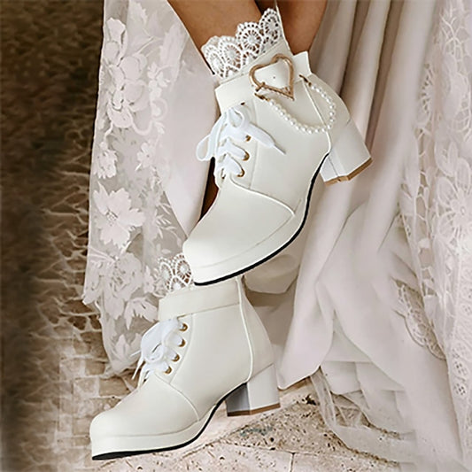 Wedding Shoes Ankle Bridal White Lace-Up – Women's Boots