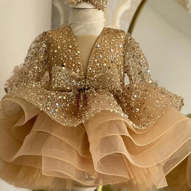 Kids Sleeve Girls' Length 3/4 Color Party Solid Dress