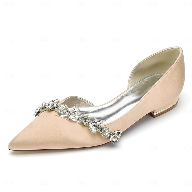 Crystal Wedding Toe with White and Pointed Satin Flat Shoes