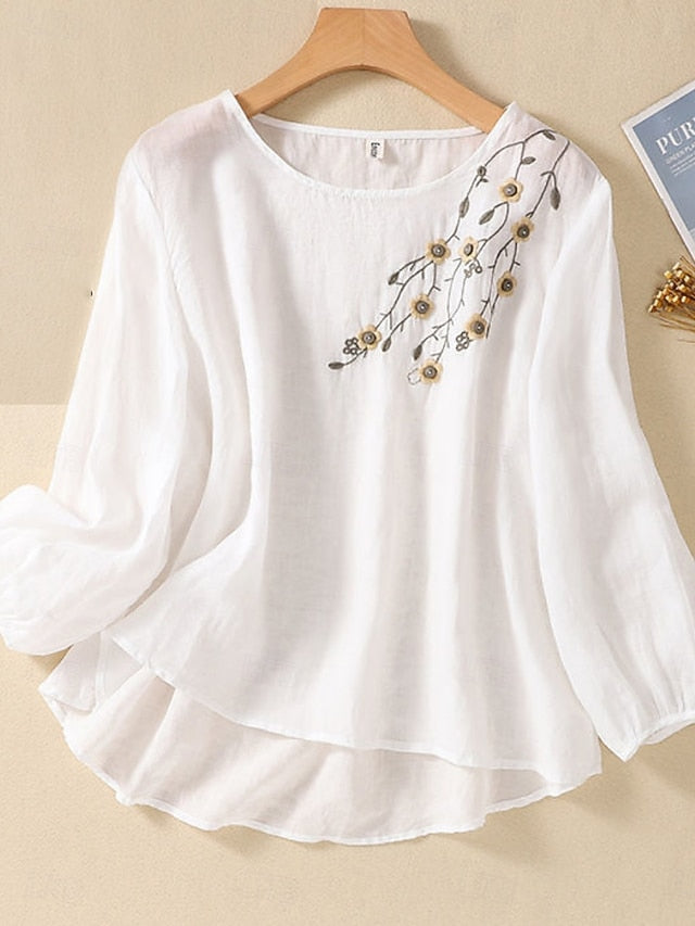 Women's Shirt Blouse Faux Cotton Linen Embroidered Solid