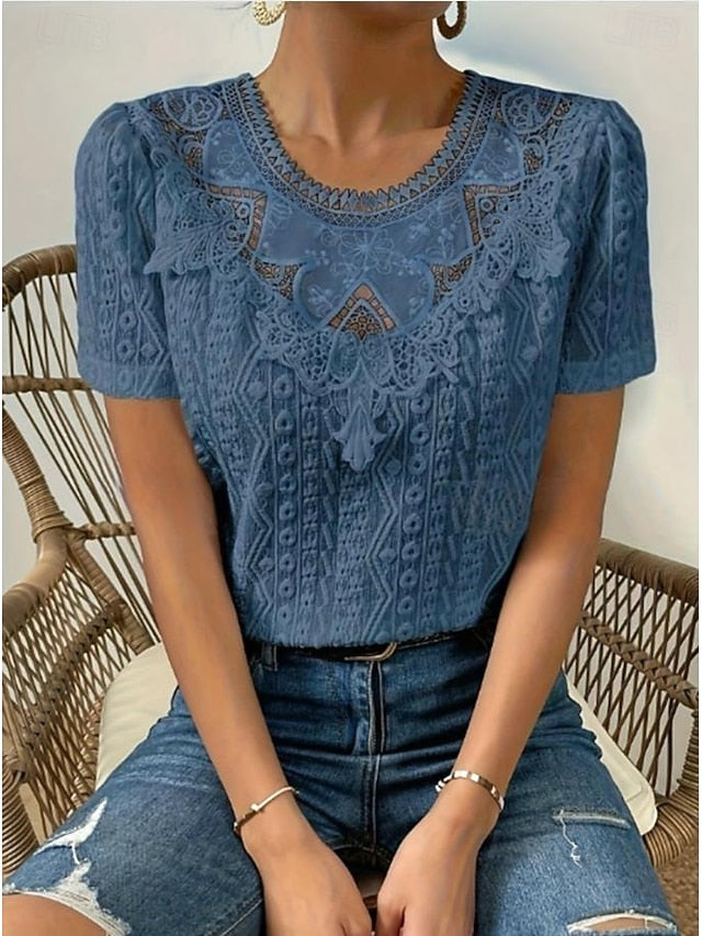 Women's T Shirt Lace Patchwork Plain Fashion Modern Casual