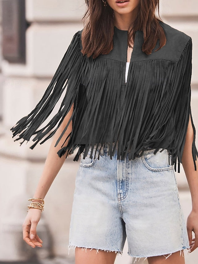Women's Blouse Tassel Plain Western Sleeveless V Neck