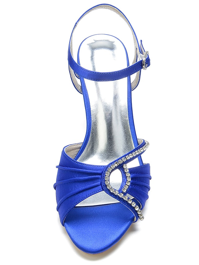 Navy Satin Blue Heeled Sandals Rhinestone – Women's