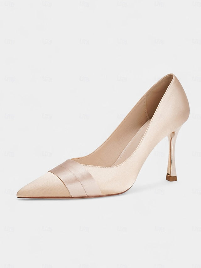 Heel Pointed Women's Toe High Satin - Champagne Pumps