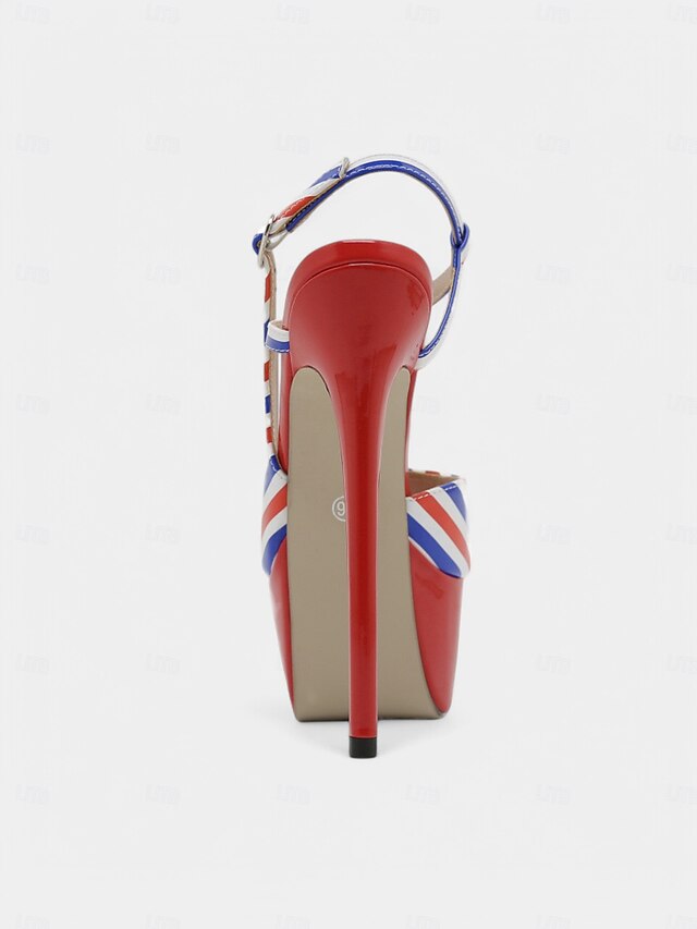 Stiletto Red Platform Heels Women's White and Blue Striped