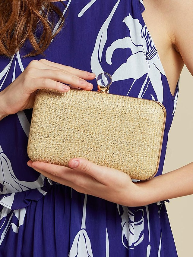 Pearl Stylish Straw Purse Elegant Clasp - Clutch with