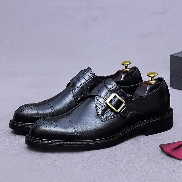 Genuine Leather Strap Men's Shoes- Black First Monk