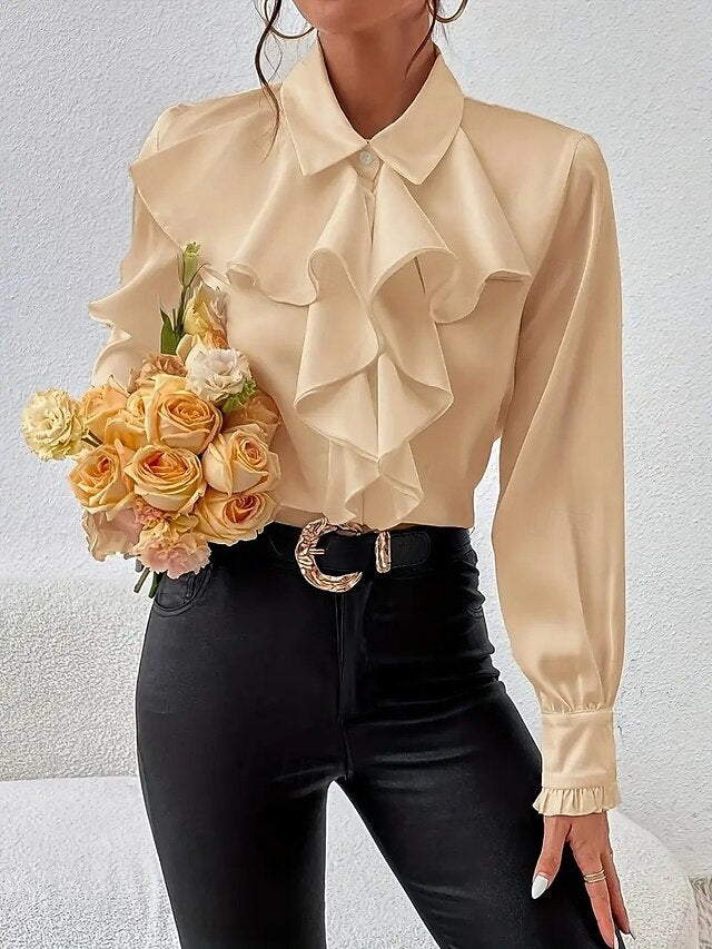Women's Satin Shirt Dress Shirt Blouse Ruffle Solid Color