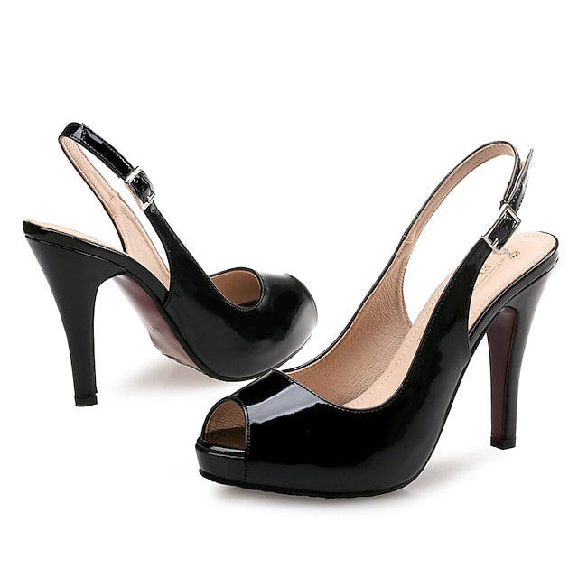 Heels Slingback Leather High Black Peep-Toe Women's Patent