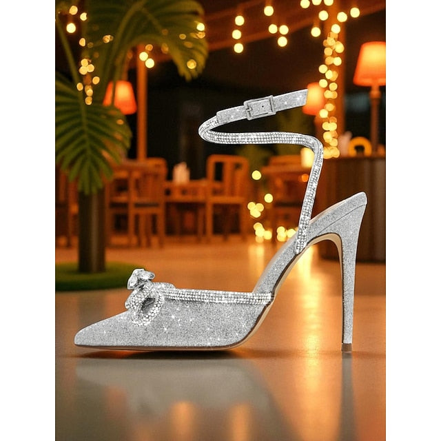 Bow Heels Women's Stiletto Rhinestone Satin and with Black