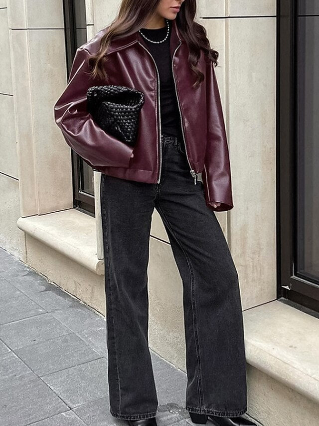 Zipper Pocket Leather Faux Jacket Women's Warm Comfortable