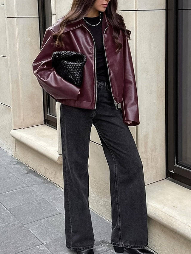 Comfortable Jacket Zipper Women's Faux Warm Pocket Leather