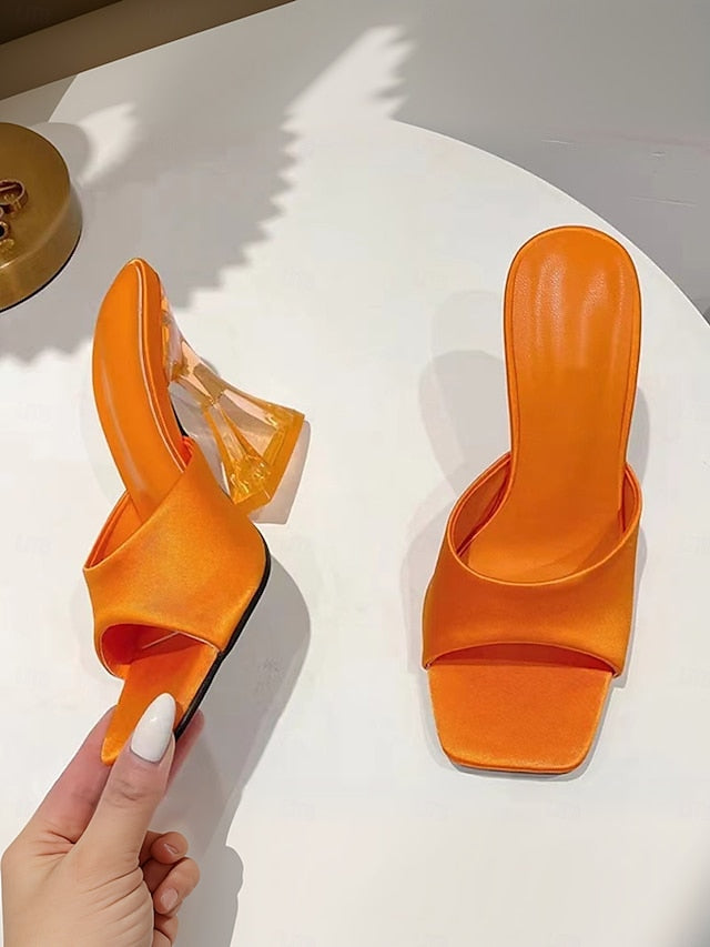 Green for Heels with Block Satin Mules Transparent Open-Toe