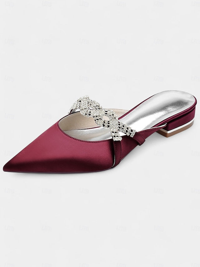Satin Mule - Heels Rhinestone with Pointed-Toe Blue Detailing