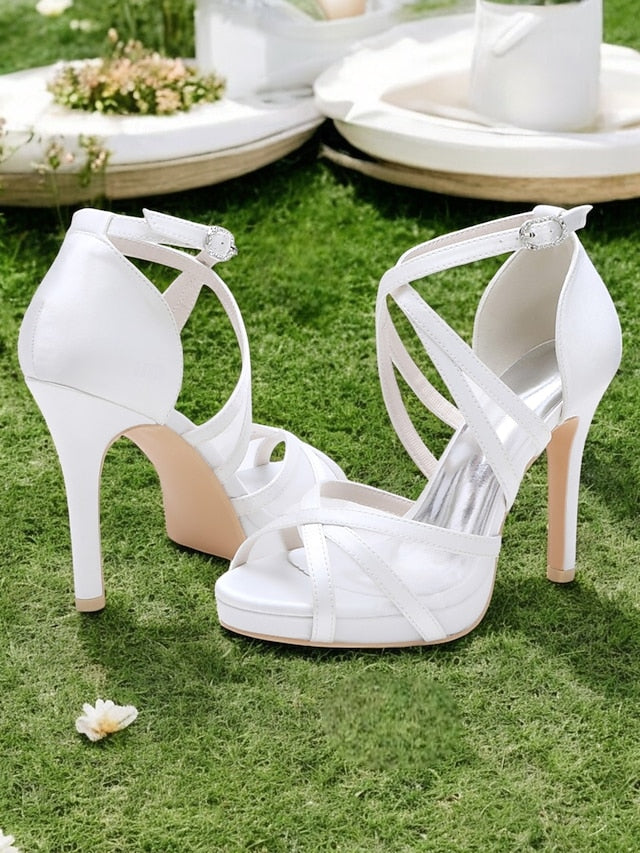 Sandals with White High Straps Bridal Heel Cross Satin Perfect -