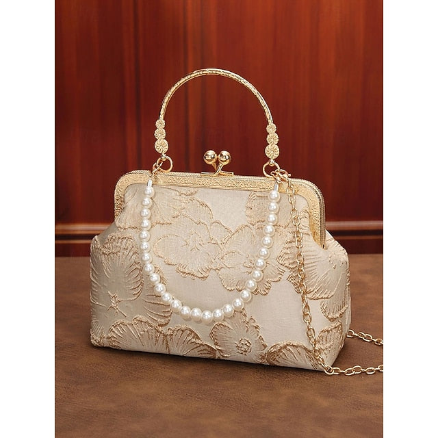 Women's Vintage Floral Brocade Pearl Handle Bag, Elegant