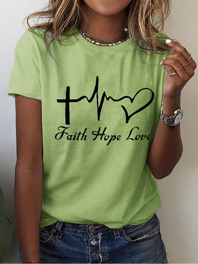 Women's T Shirt Print Heart Letter Basic Short Sleeve Round