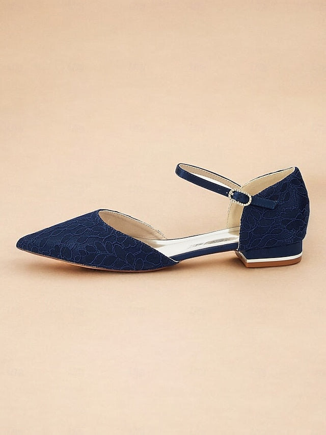 Ankle Women's Lace Flats Navy and Pointed Blue Strap with