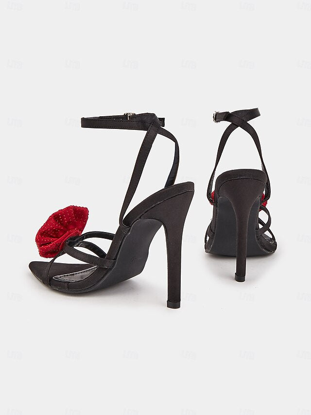 Floral High Black Embellishments Chic Red - Sandals Heel with