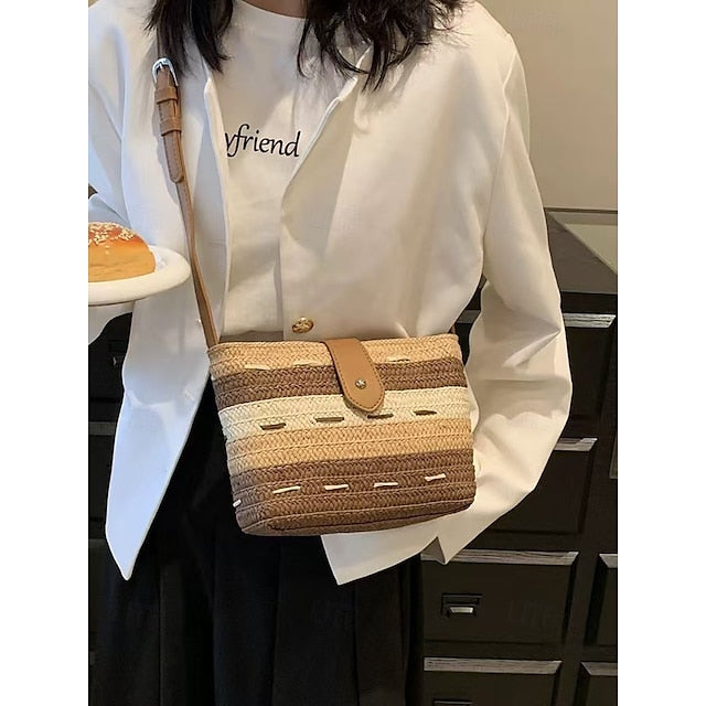 Tote Women's Colorblock Striped Woven Brown Bag Straw with