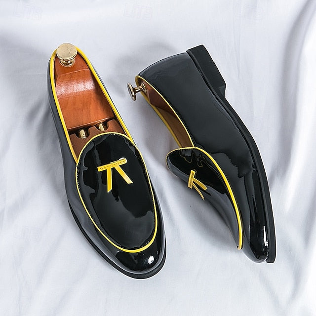 Yellow Loafers Black Leather with Faux Trim Men's Patent