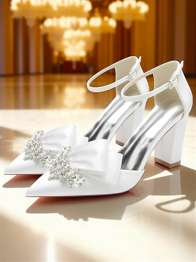 Heel with Satin Women's and Bow Block Crystal Pumps