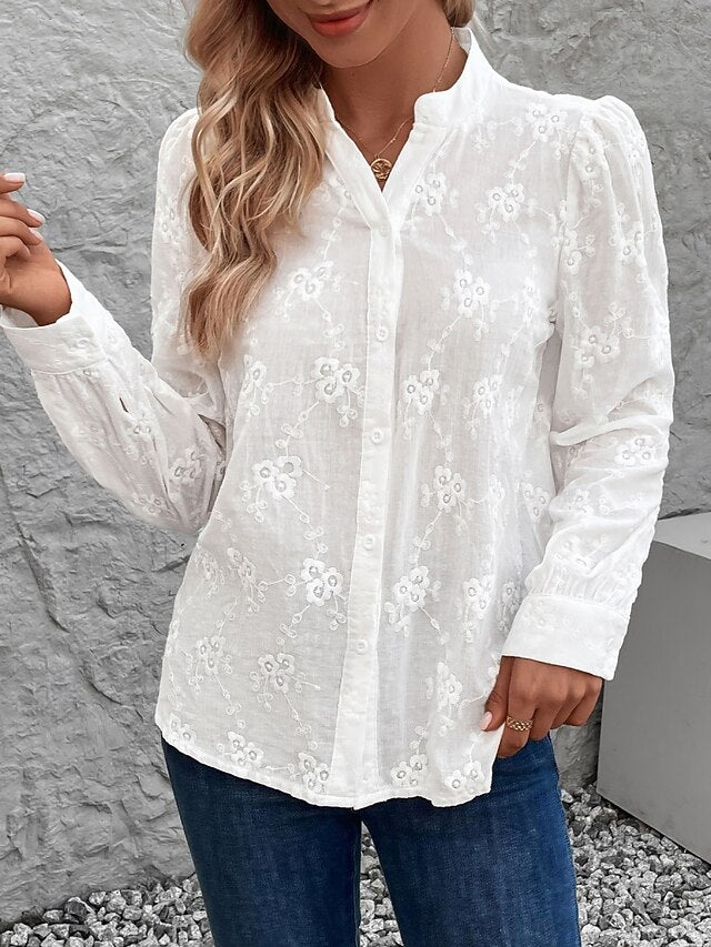 Women's Casual Shirt Button Up Shirt Blouse Embroidered