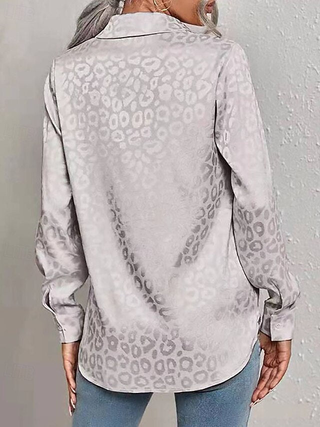 Women's Shirt Elegant Satin Top Blouse Buttons Leopard
