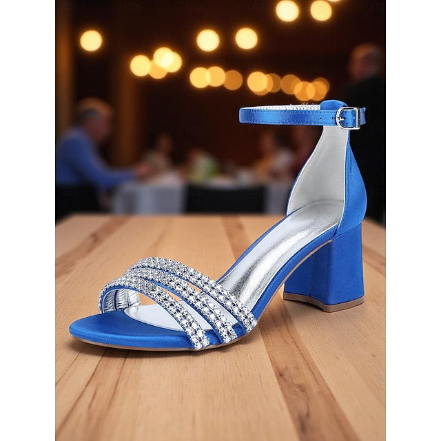 Rhinestone Heel Purple with Satin Block Sandals Women's