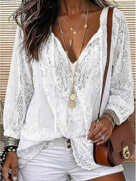 Women's Shirt Boho Shirt Blouse Lace Tops Lace Solid Color