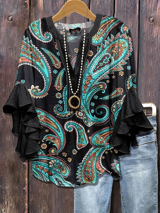 Women's T Shirt Tee Top Ruffle Print Floral Paisley Fashion