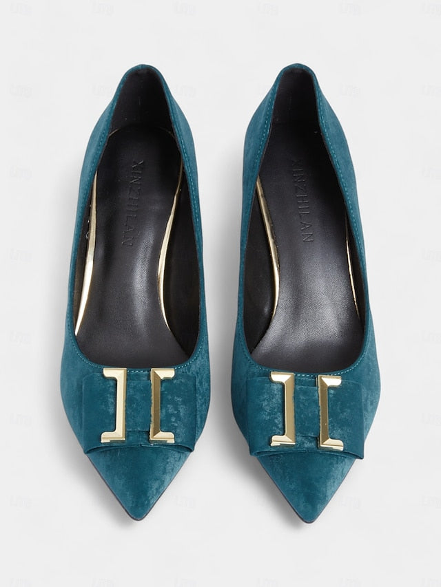 Velvet Elegant Pointed Women's Kitten - Heel Teal Toe Pumps
