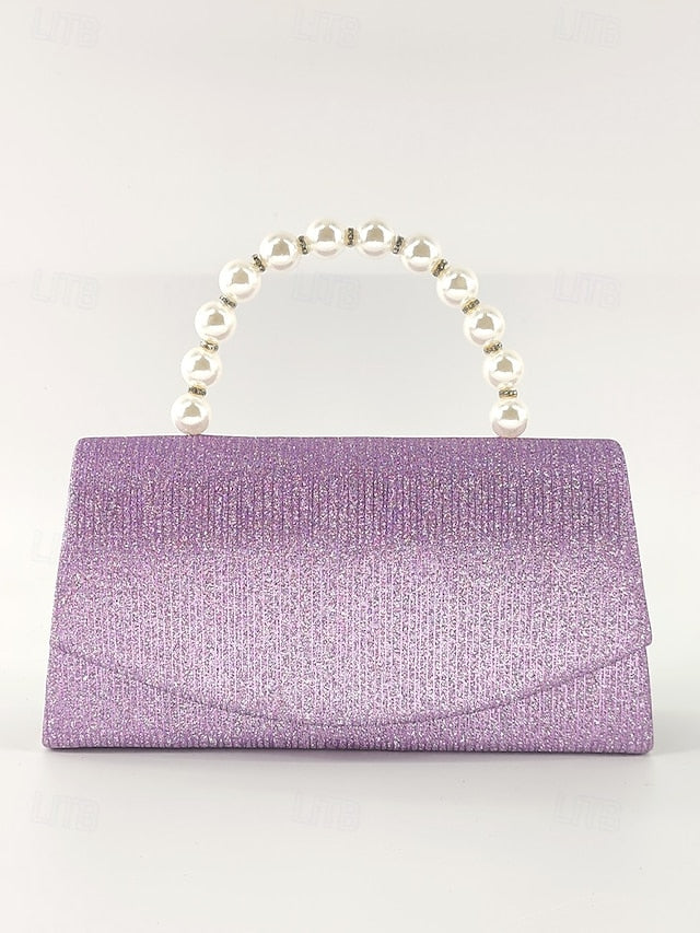 Women's – Purple with Pearl Bag Clutch Handle Glitter