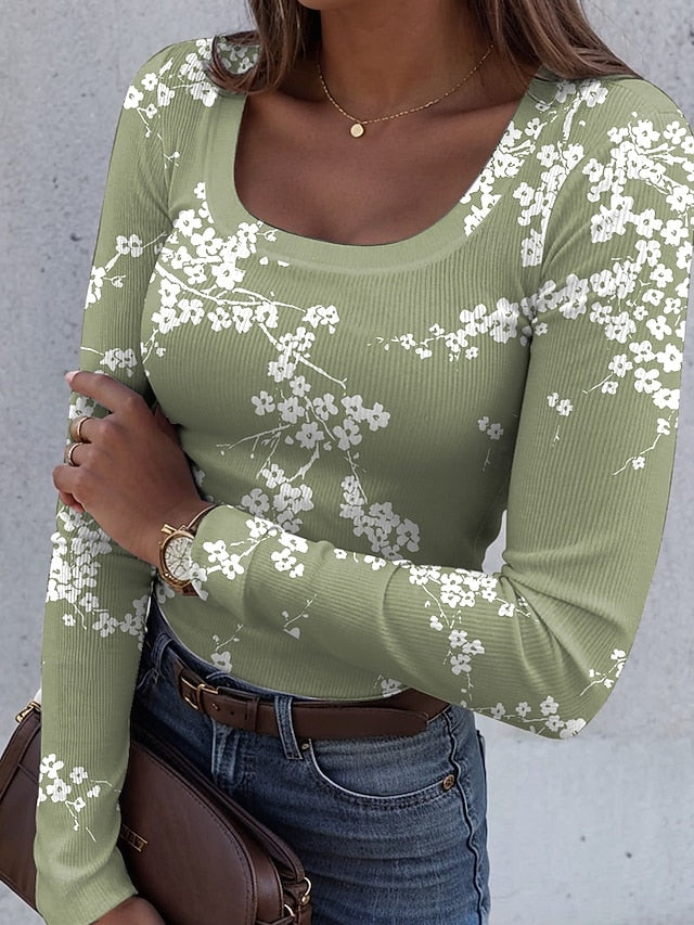 Women's T shirt Long Sleeve Ribbed Graphic Square Neck Long