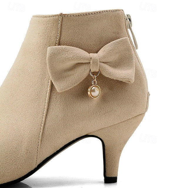 and Ankle with Boots Charm Suede Pink Women's Bow Pearl