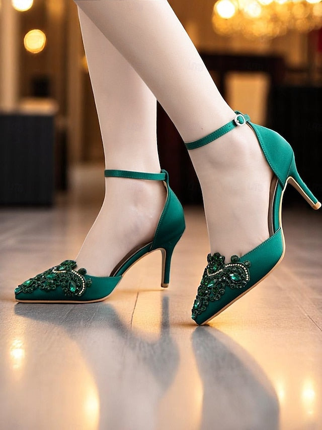 Pointed Satin Green Strap – Women's Emerald Heels Ankle