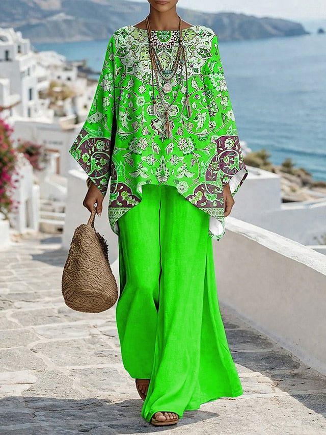 Women's Pants Sets 3/4 Length Sleeve Round Neck Graphic
