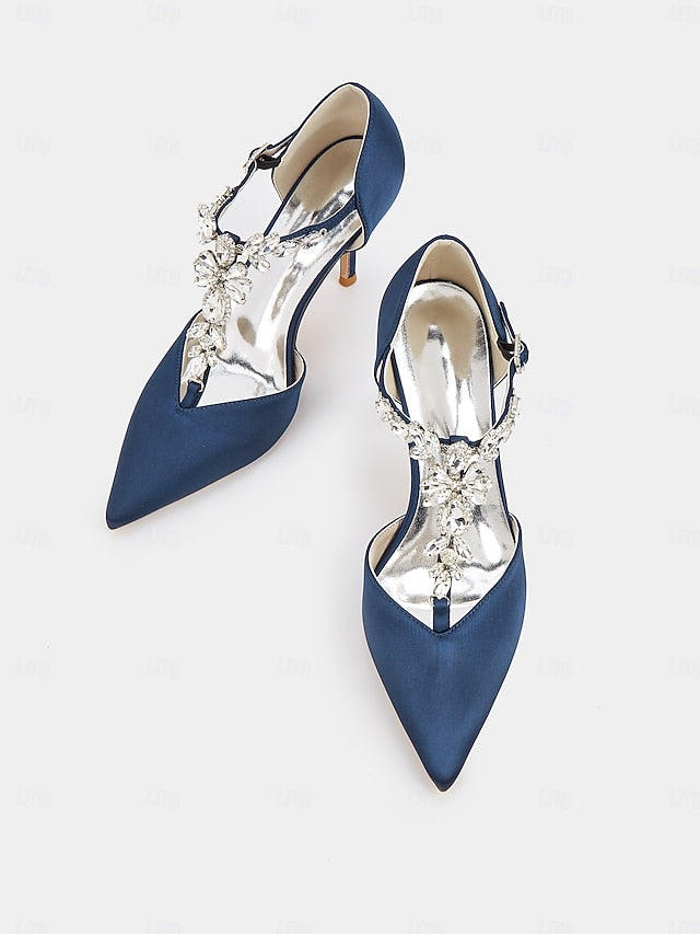 Blue Toe Pointed Women's Heels Navy – Satin T-Strap