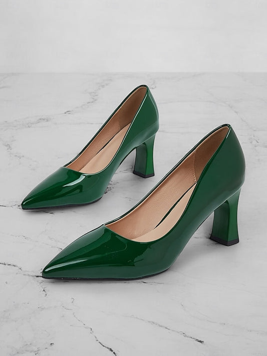 Pointed-Toe Heel Block Leather Patent Pumps Green Faux Glossy
