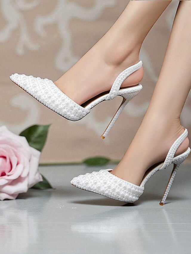 Women's - Heels Pearl-Embellished Slingback White Leather